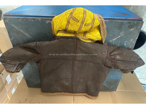 WWII WWII RAF Irvin sheepskin flying jacket with a very unusual hood and an original size label.